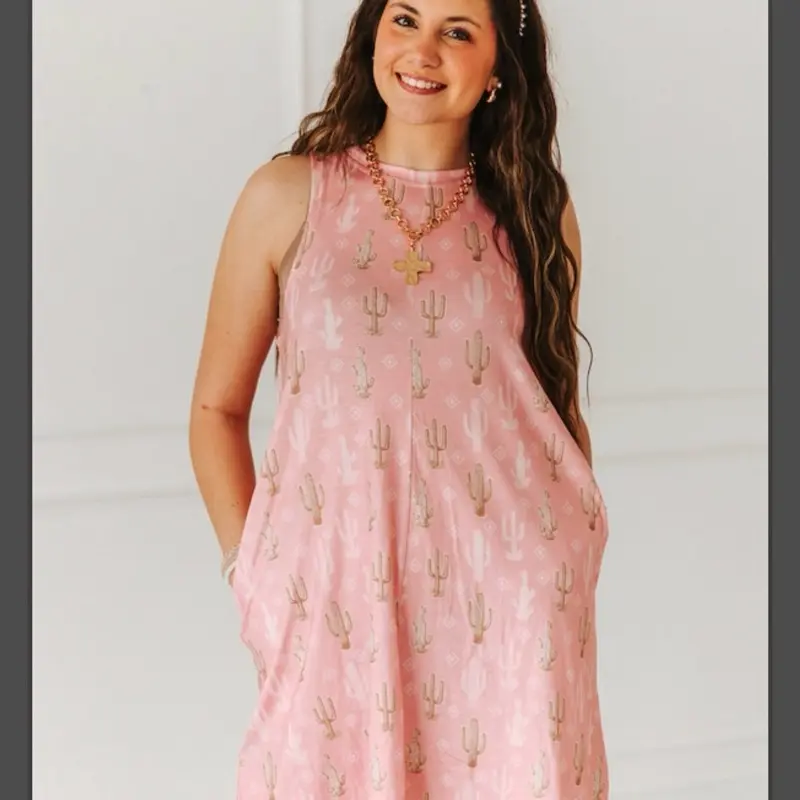 Women's Pink Cactus Sleeveless Dress with Pockets - Casual Style for Summer