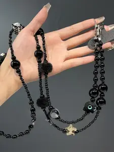 Dark Style Coal Ball Sprite Bead Chain Pendant, Phone Case Lanyard, Bag Accessory, Keychain, Checkered Design, Sweet Cool Unique Charm