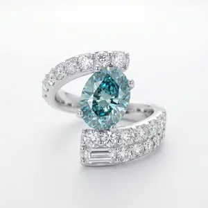 ZR "Cyan Twist" Custom 1.5CT Oval Cyan‑Blue Moissanite Toi‑et‑Moi Twisted Double‑Band Full‑Moissanite Pave S925 Sterling Silver Luxury Statement Ring-【Amyv】#4617