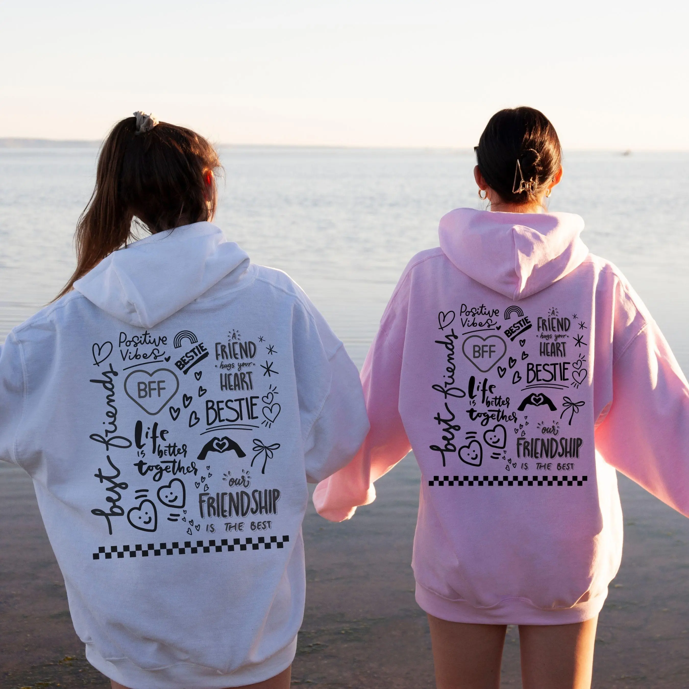 Personalized Best Friend Sweatshirt for Women & Teens, Custom Aesthetic Love Hoodie, Matching Fleece Fabric Tops with Long Sleeve, Sweatshirts, Yarn, Pocket, Ribbed, Cotton, Seamless