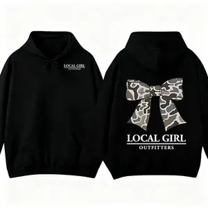 Local girls' comfortable bow hooded sweatshirt camouflage design pattern casual hooded pullover for women, oversized printed clothing made in the United States, long sleeved fit sportswear for daily wear, burnt peanutsRAIMENTRY