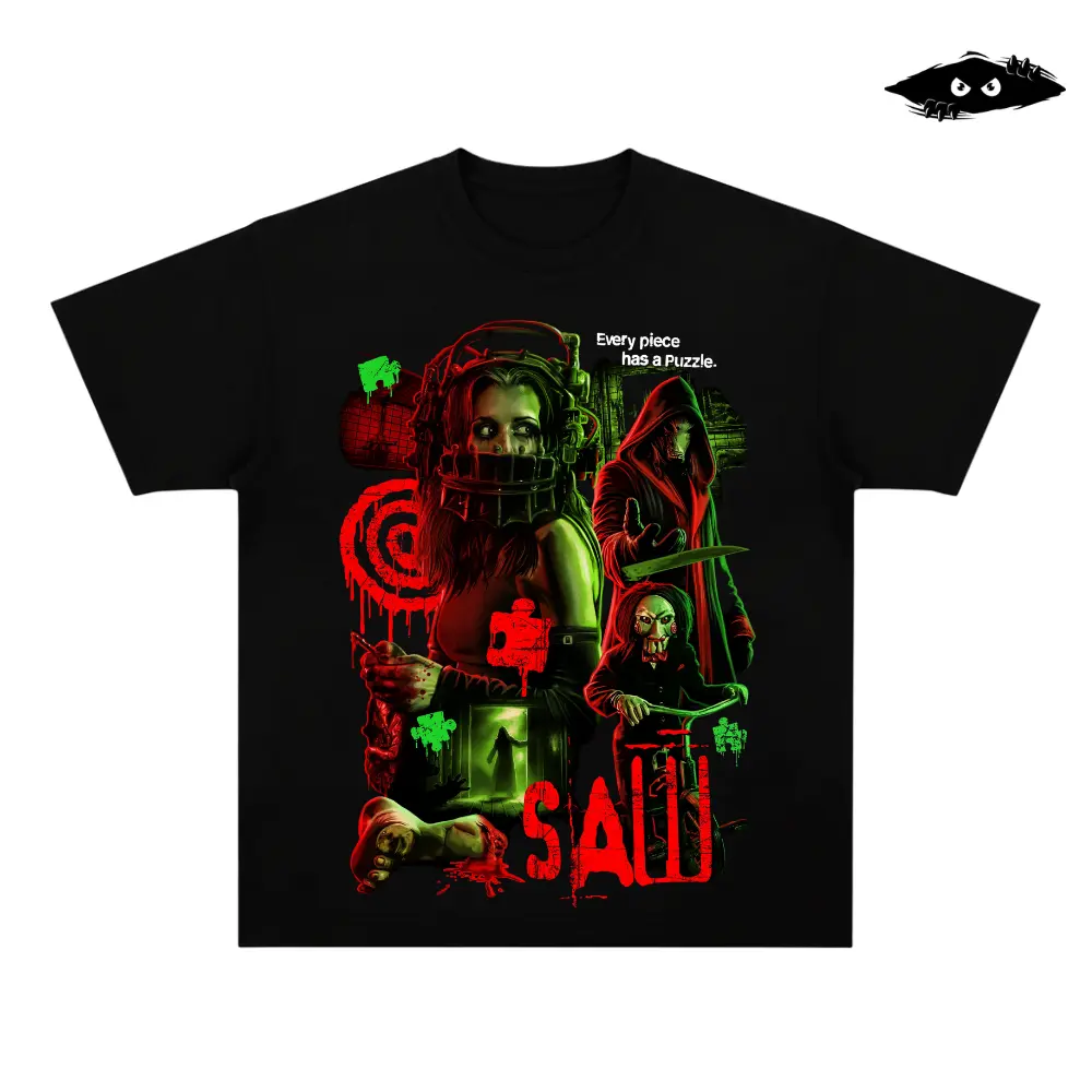 Saw Every Piece Has A Puzzle Graphic Tee, Vintage Horror Movie T-Shirt, Jigsaw Trap Killer Fan Merch, Heavyweight Cotton Oversized Streetwear, Retro Halloween Gift Tee
