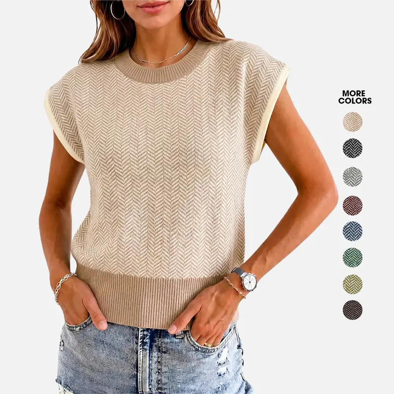 Flowyair Women's Cap-Sleeve Acrylic Fabric Color-Block Crew Neck Fitted Crop Knit Sweater Vest - Casual Lightweight Pullover Tops for Thanksgiving, New Year