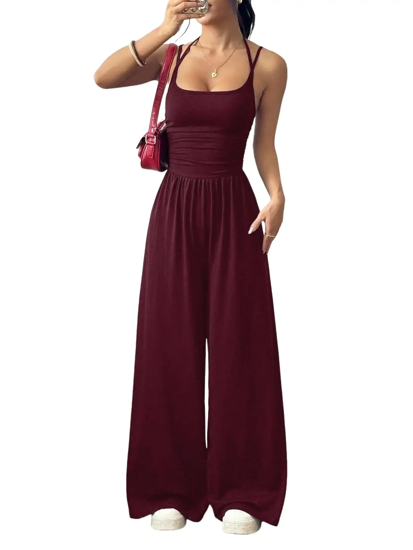 Women's Summer Jumpsuit Spaghetti Strap One Piece Outfit Wide Leg Baggy Pants Romper