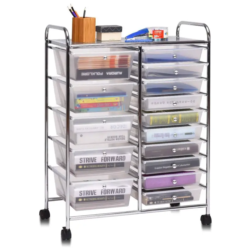 Costway Storage Cart W/10/15 Drawers, Rolling Wheels Semi-Transparent Multipurpose Mobile Rolling Utility Cart for School, Office, Home, Beauty Salon Storage Organizer Cart