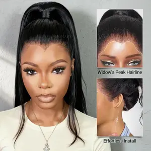 Pre-Styled Widows Peak Ponytail Wig Invisi Strap 360 Lace Wig Glueless Human Hair Wigs Ponytail Wig Out of Box