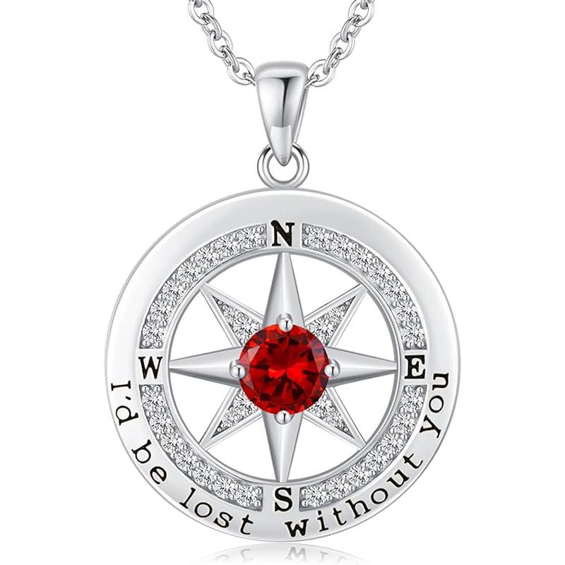 Personalized 12 Birthstone Compass Necklace | 925 Sterling Silver with Gold/Rose Gold/White Gold Plating + Zircon, Birth Month Jewelry for Women, Ideal Birthday Gift