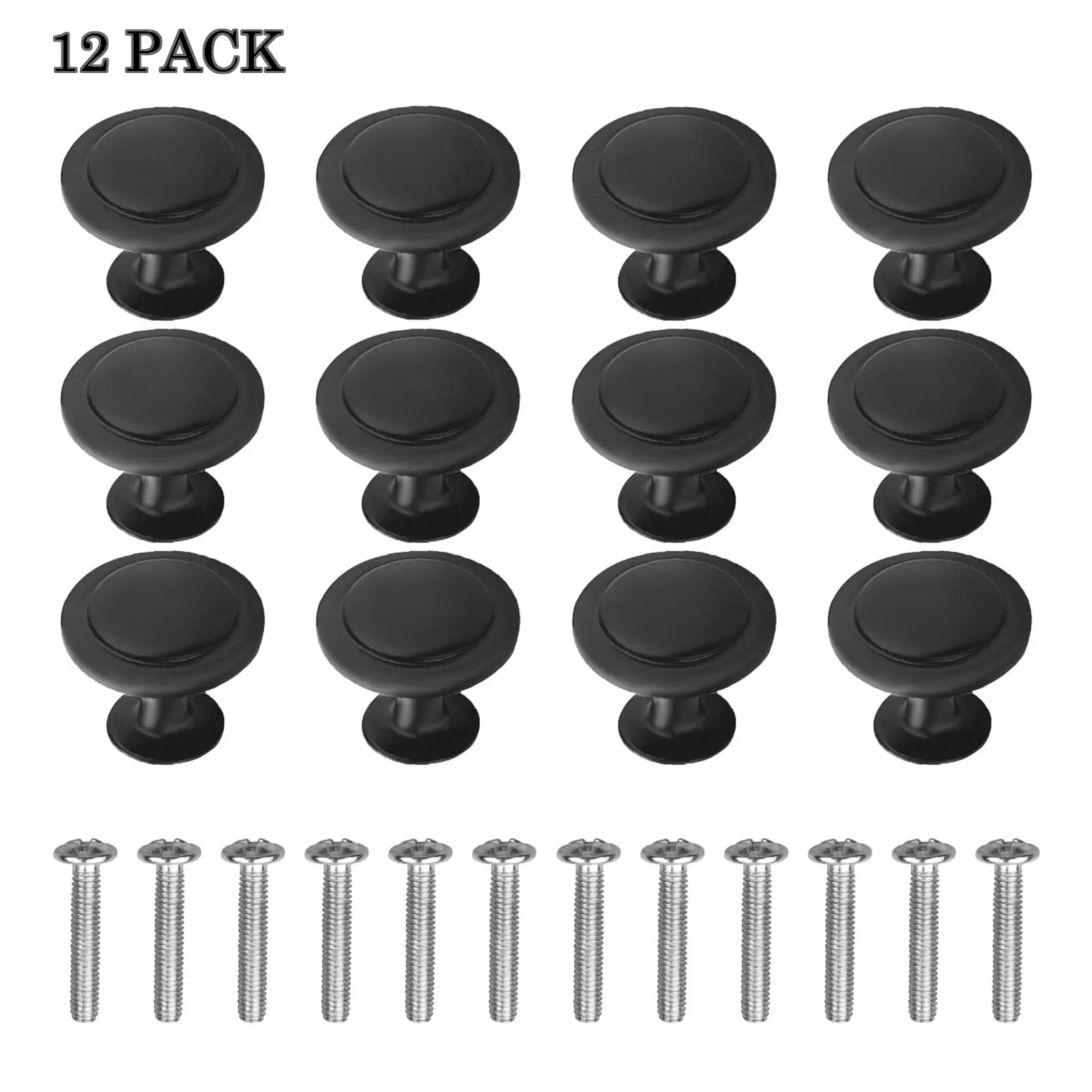 12 Pack Alloy Round Cabinet Hardware Knobs, 1.1inch Matte Black Flat Pulls Knob Modern Style with Screws for Kitchen Drawer Dresser Cupboard Door Handles Matte Cabinets Pull Bathroom