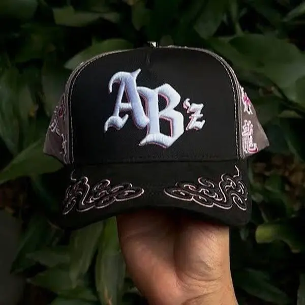 ABZ Brand Black Baseball Cap with White Embroidered Logo and Floral Trim for Men