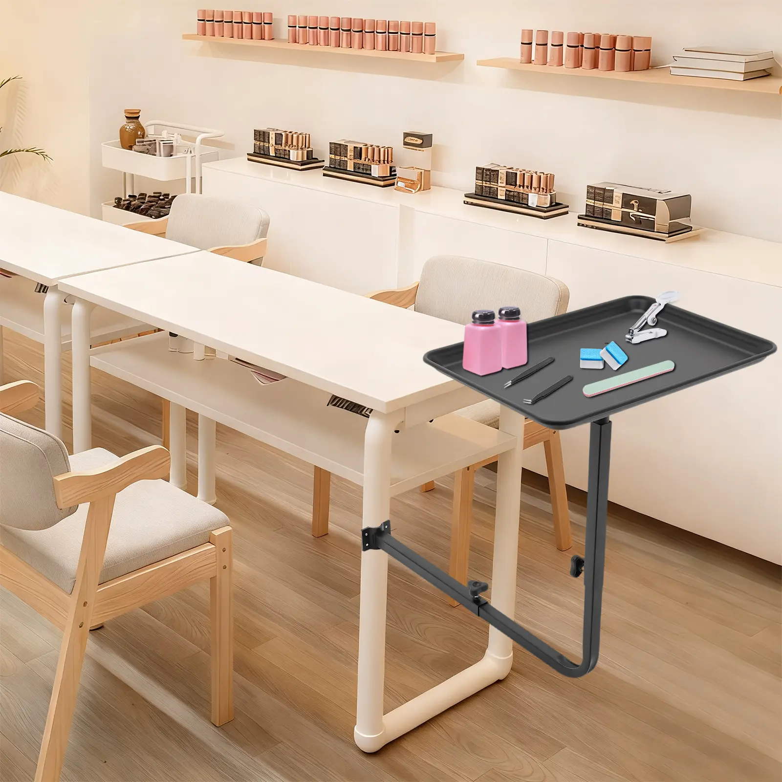 360° Rotating Salon Tray, Adjustable Height Metal Swivel Tray Attached to Chair for Hairstylist & Tattoo Artist, Black Stylist Tray for Color Bowls