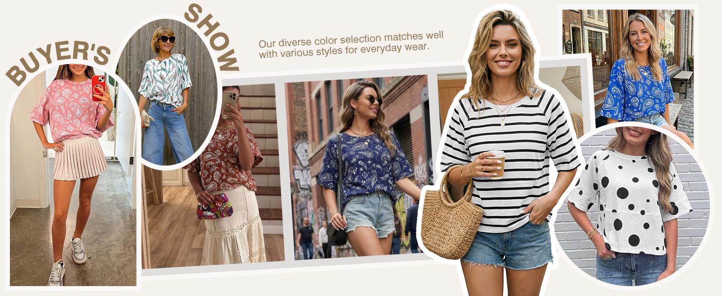 Imily Bela Women's Summer Casual Crewneck Batwing Half Sleeve T-Shirts Solid Color Loose Fit Cute Basic Flowy Tops Tees Blouses Summervibes