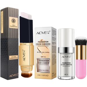 aliver 2-in-1 concealer stick foundation with cosmetic brush concealer, full coverage pore 01 color and aliver liquid foundation sunscreen base brush, christmas gift