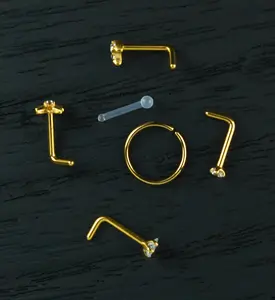 Gold PVD Celestial Clear CZ Stainless Steel L Bend/Stud/Hoop Variety Nose Ring Pack (6 Pc)