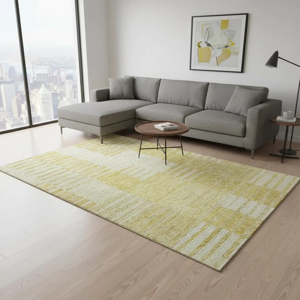 HomeRoots 656208 Strip Area Rug, 10x14 ft Amber & Ivory Striped, Machine-Made Rectangle Rug with UV Protection & Washable Feature, Strip Area Rugs