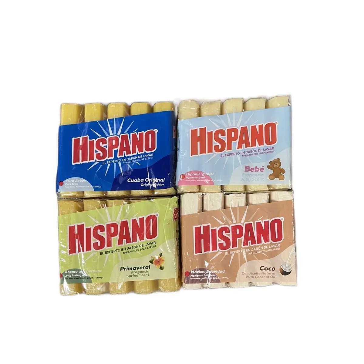Hispano Scented Laundry Soap Variety Pack - 4-Pack with Original, Coco, Bebe, Primaveral Tropical Scents - Household Home Care Cleaner