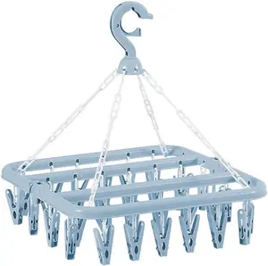 32 Clips Folding Laundry Hanger, Laundry Drying Rack Folding Sock Hanger, Hanging Drying Rack(Scandinavian Blue) Heshebuy