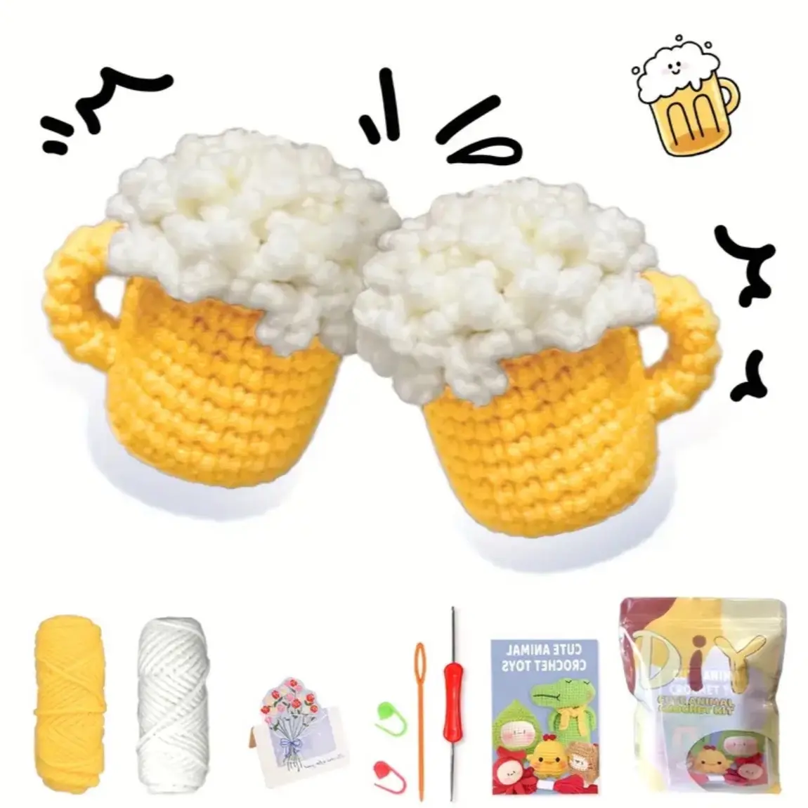 The CHIBBIES Crochet Craft Kit, DIY Amigurumi Cheers Mug Beginners Tools, Video Tutorials, Patterns, And Accessories, Mixes Colors Fabrics Yarn, All Season