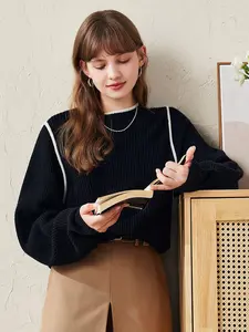 COMOBOCA 100% Wool Women's Color Block Ribbed Knit Sweater for Ultimate Luxury and Comfort Wear
