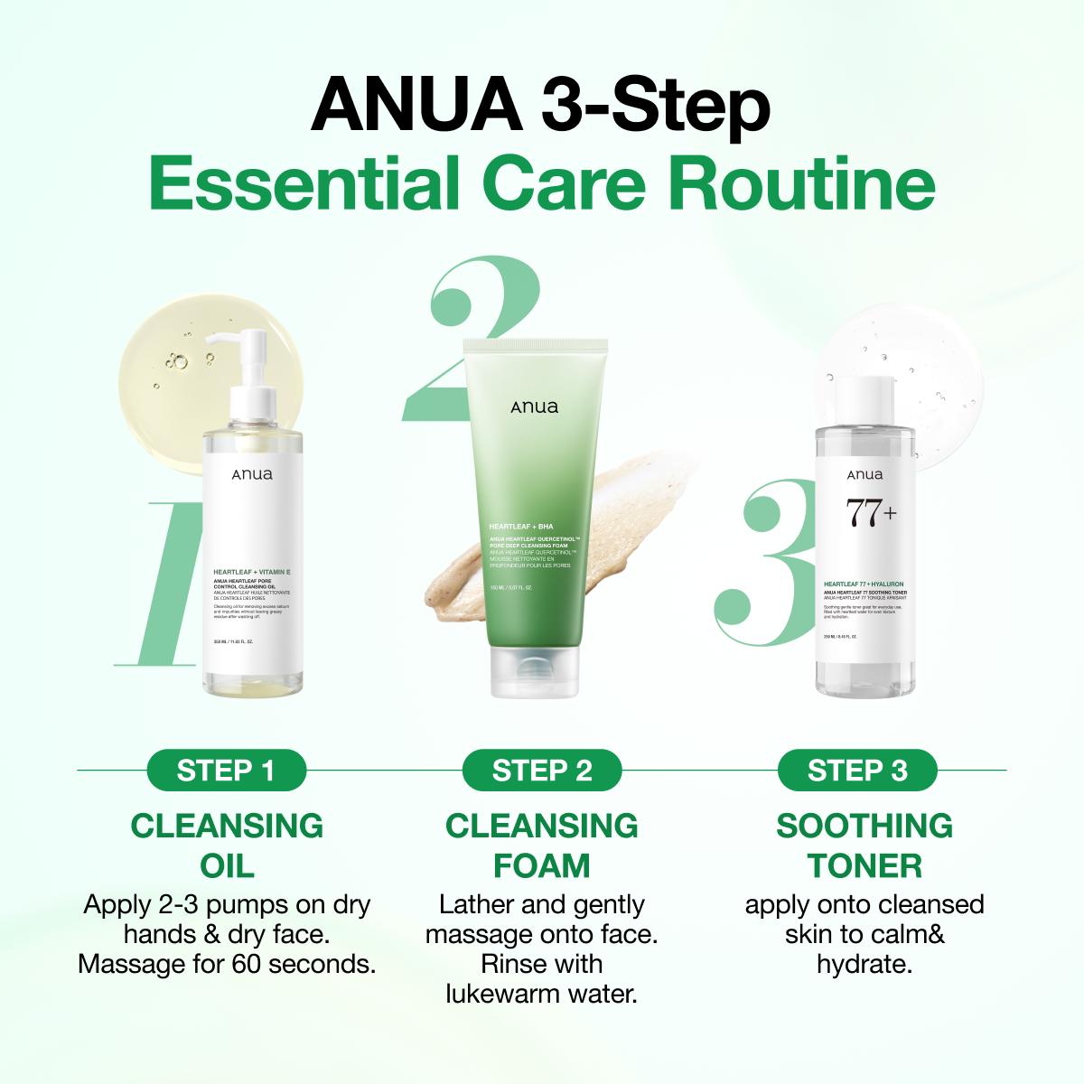 [Anua] Anua Essential Trio (Oil Cleanser + Deep Cleansing Foam + Calming Toner)｜Gentle Korean Skincare, Facial cleanser