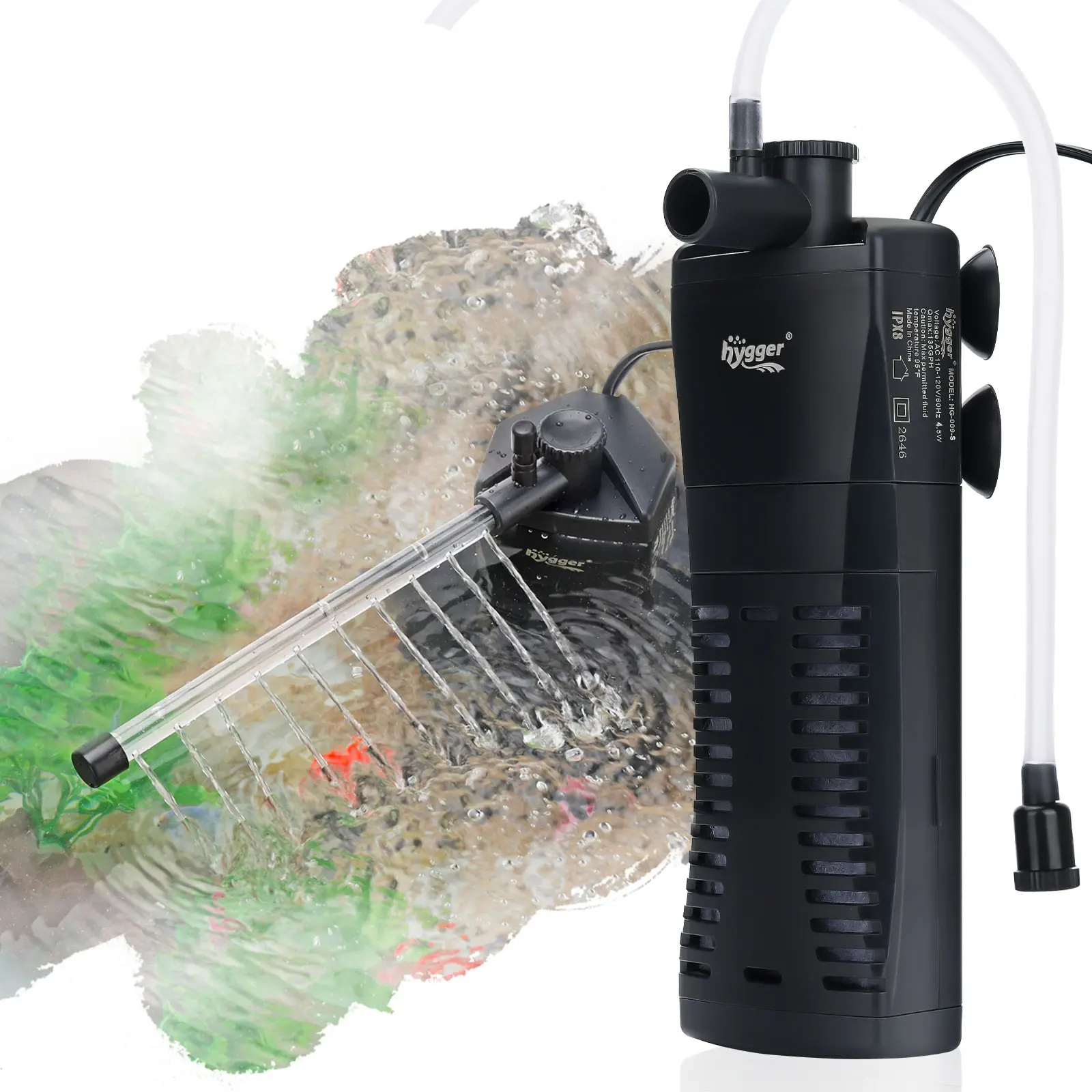 hygger Submersible Aquarium Power Filter 80~170 GPH for 3-30 Gallon Fish Tank Corner Internal Filter with Bio Ball Sponge 3-Stage Filtration System