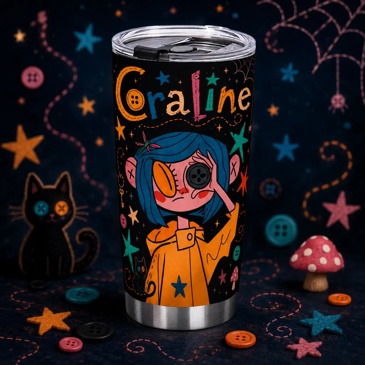 20oz Whimsical Coraline Insulated Mug Tumbler - 500-1,000 ml Stainless Steel Vacuum Flask, Gothic Secret Door Pattern, Portable Colorful Aesthetic Drinkware for Movie Night, Campus Life, Office Desks, TikTok FYP Viral Kitchenware Find