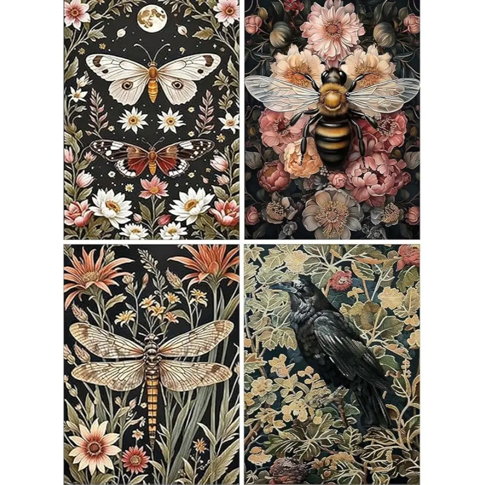 AIBOERL 4-Pack Full Drill Vintage Insect & Floral Diamond Painting Kit - Moth, Bee, Crow, Dragonfly Designs, 1 Diamond Pen, Mixed Textile, Waterproof DIY Needlework, No Skills Needed, Halloween, Graduations Home Decor Stress Relief Gift