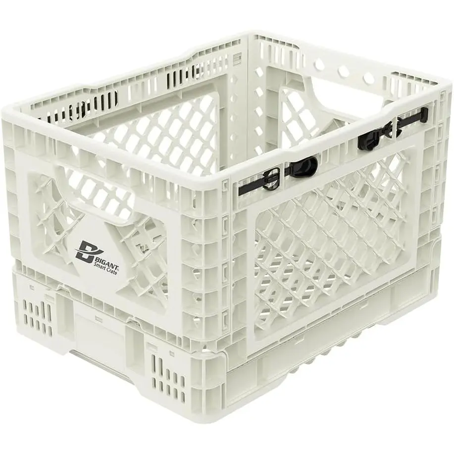 Heavy Duty Collapsible & Stackable Plastic Milk Crate - Snap Lock Foldable Industrial Garage Storage Bin Container Utility Tote Basket (Ivory, 1 Small Crate)