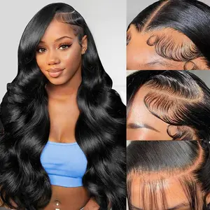 SHARIMO 13x4 Body Wave Lace Front Wigs Human Hair Pre Plucked HD Transparent Lace Frontal Wig with Baby Hair 180% Density   Human Hair Lace Front Wigs for Women Natural Black 22Inch