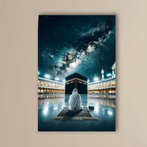 1PC 2D Flat Mecca Kaaba Holy Temple Canvas Art - Islamic Wall Art Poster, with Kaaba, Black and Gold Decorative Frameless Home Office Mosque Hanging Painting - Hajj and Umrah Worship Decoration - Ideal Muslim Gift for Ramadan and Eid - Spiritual Prayer Ro