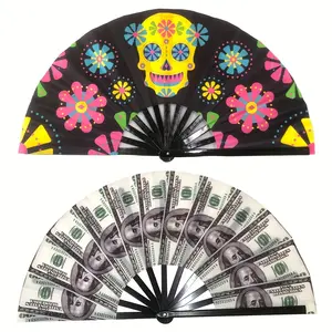 2pcs Folding Fan UV Rave Dollar Fans for Women Foldable 13inch Decoration Dancing Party Wedding Night Club Concert Popping Large Dollar and Skull