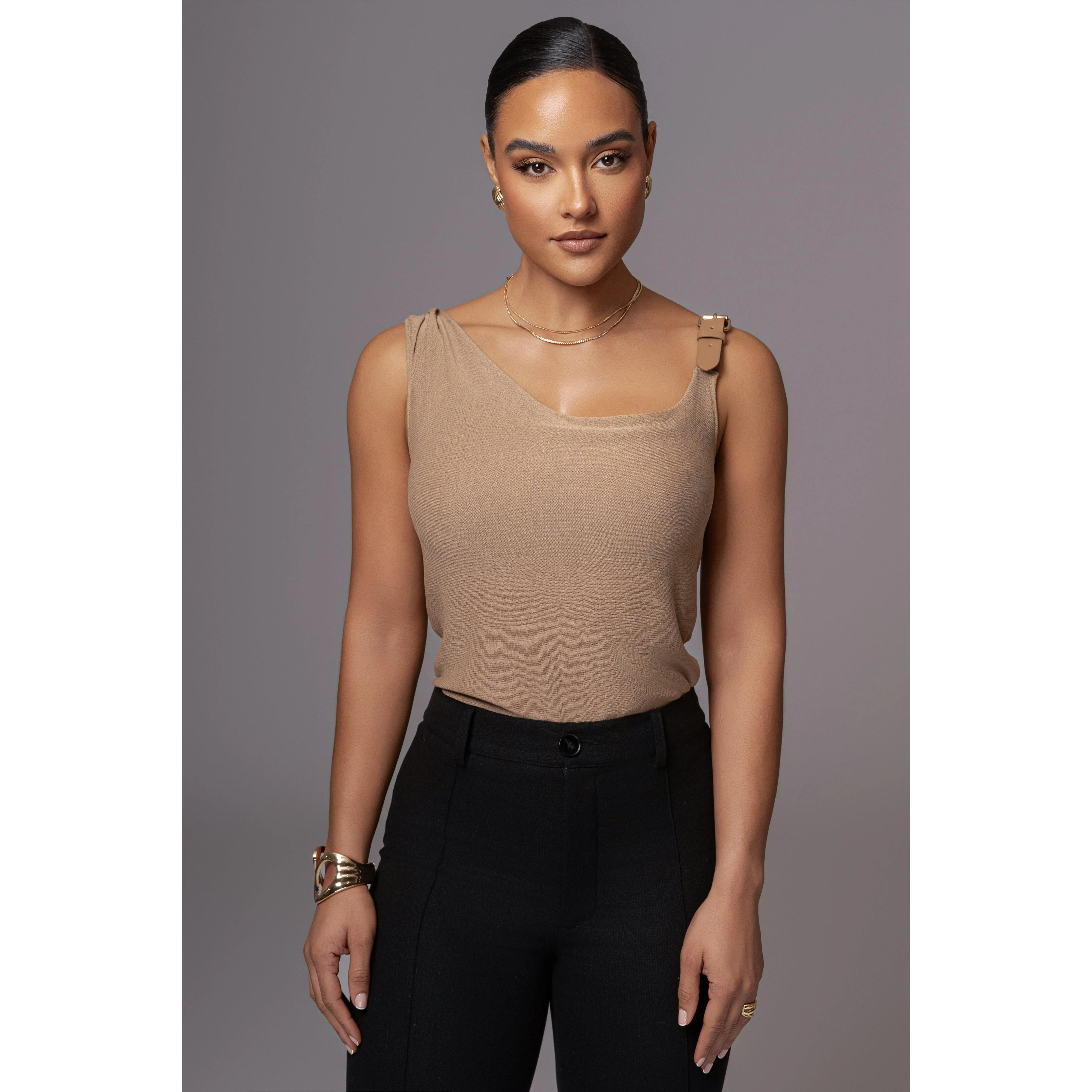 Beige Shanti Faux Buckle Top