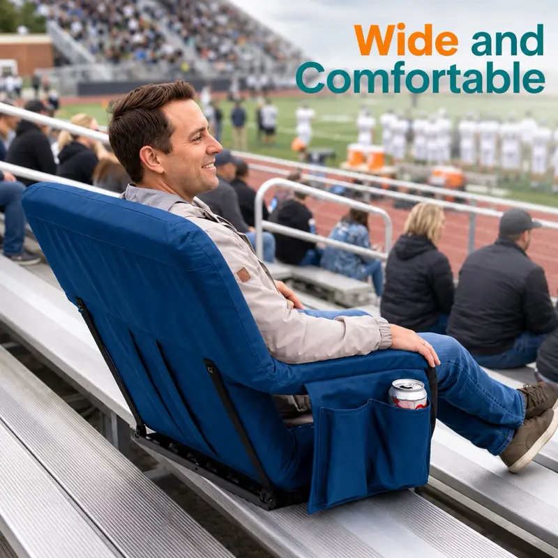 Game Day Comfort Deluxe Stadium Seat - Blue, 25" Padded, 6 Reclining Positions, Armrests, Cup Holder, Side Storage, Shoulder Straps, Foldable, Single Seat
