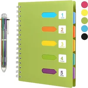 Green 5 Subject Spiral Notebook with Divider Tabs, A5 Wide Ruled 5.7' × 8.5' Hardcover Tabbed Journal, 240 Pages chunky  sketchbooks