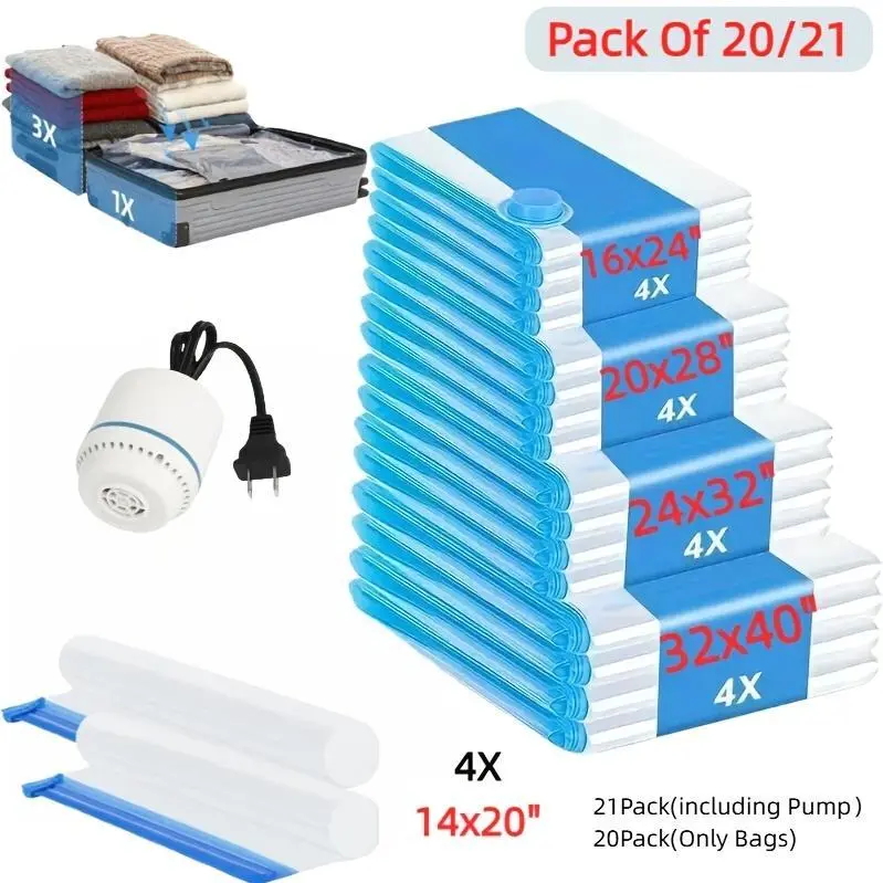 Vacuum Storage Bags with Air Pump - Suitable for Clothes, Quilts, and Blankets - Reusable Compression Storage Bags for Travel, Moving, and Organizing - Available in 4 Sizes: 4S, 157.48inch, 1.06gal, 4J - Includes 1 Air Pump - Pack of 21 and Pack