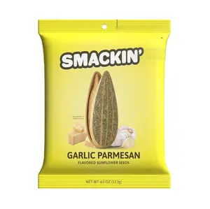 SMACKIN' Jumbo Roasted Sunflower Seeds Garlic Parmesan Flavor 4oz Bag Low Sodium Handcrafted American Made Easy Pour Seal Snack