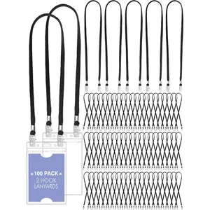 100 Pack Double Clip Lanyards Bulk  Mask Lanyard Twist Free 2 Hook Design Adjustable Badge  Strap for ID Name Badge Holder  to School Conference Office Class Essential (Black)