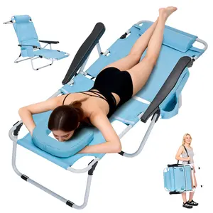 【mothersdaygift】Lilypelle  Beach Lounge Chair with Face Hole, Adjustable Folding 5-Position Reclining Tanning Chair with Pillow & Side Pocket, Portable Heavy Duty Chaise Lounge for Beach, Patio, Pool, Sunbathing