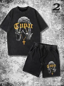 Men's Tupac Graphic Tee & Shorts Two-Piece Set, Regular Fit Casual Fashion Short Sleeve T-shirt & Track Shorts, Men's Summer Clothes