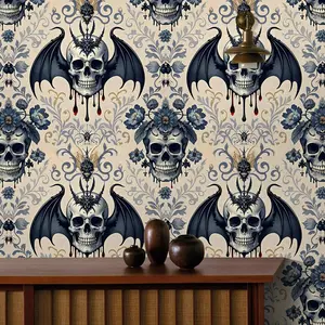 Bat Wings Skull Self-Adhesive Wallpaper, Mystery Horror Style, Self adhesive wall wallpaper，Waterproof Peel & Stick, Halloween Decor, Home Decoration，Living Room and Bedroom Decor Renovation, Decorative Wallpaper