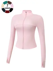 Women Sports Jacket, Womenswear, Zipper Stand Collar Stretch Slim Fit Long Sleeve Jacket With Thumb Holes Solid Color Breathable Skin-Friendly Versatile Sportswear Top Gym Outdoor Sweat-Wicking Running Cycling Yoga Wear Stretchy