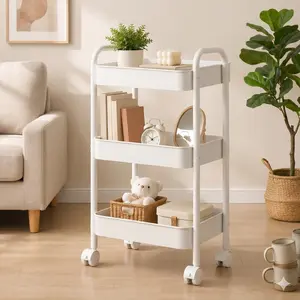3-Tier Rolling Utility Cart with Casters — Easy-to-Assemble, Versatile Storage for Kitchens and Bathrooms. A 3-Tier Metal Mobile Storage Rack featuring Lockable Wheels—the ideal storage solution for living rooms, bathrooms, and narrow spaces.