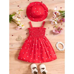 Girls' 0-3 Years 2pcs Set: Sleeveless Heart Print Wrap Camisole Dress + Hat Princess Dress, Two Available