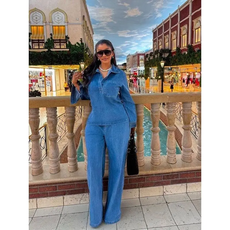 Women's Denim Suit Long Sleeve Lapel Pocket Top Lace up Straight Trousers Two-Piece Set Can be used with raincoat