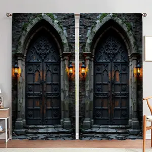 Gothic Church Door Pattern Carved Doors Design Curtain, 1 Set Halloween Themed Door Curtain, Home Decor for Living Room Bedroom Study Room