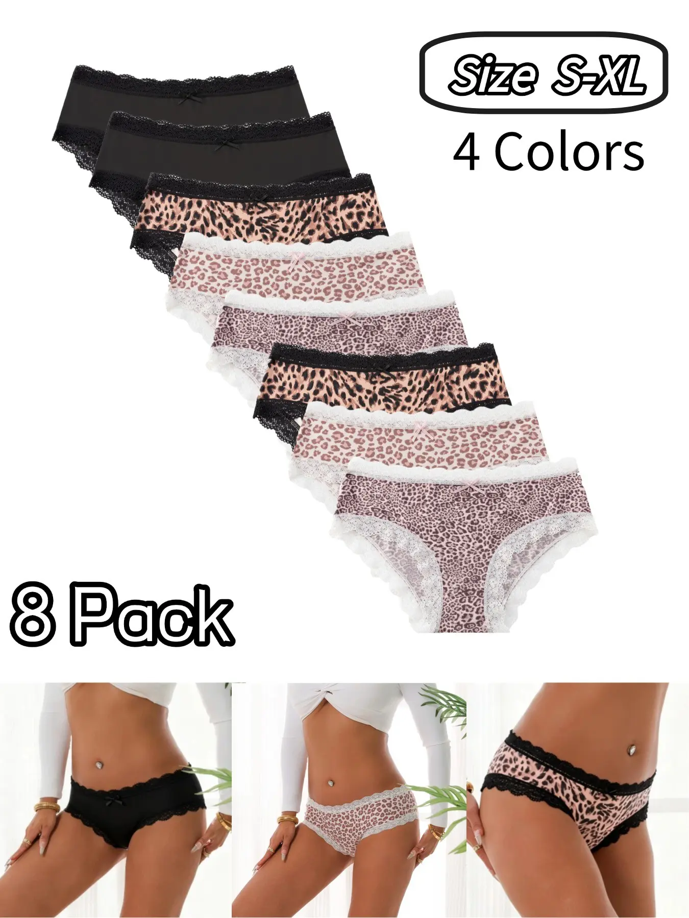 Women's Low Waist Triangle Intimates Panties Lace Leopard Print, Breathable Milk Silk Fabric, Sexy Fitted Underwear, 8 Pack, All Seasons, Drop Waist Knicker, Sheer Lace Panty