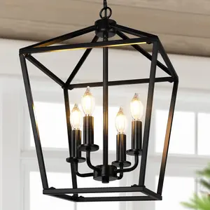 Farmhouse Chandelier 4-Light, Black Pendant Light Fixture for Kitchen  Dining Room, Lantern Industrial Lighting Ceiling Hanging with Metal Cage Adjustable Height for Entryway Foyer