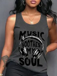 Women's 'Music Soothes My Soul' Graphic Tank Top, Retro, Vintage Headphone Print Cotton Sleeveless Racerback Tank, Streetwear for Music Festivals, Concert Fits, Gig Outfits & Everyday Aesthetic, Edgy Rocker Chic Top for Music Lovers & Casual, Womenswear