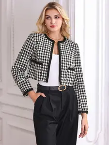 INSPIRE CHIC Women's Houndstooth Blazer Collarless Open Front Crop Plaid Tweed Jacket