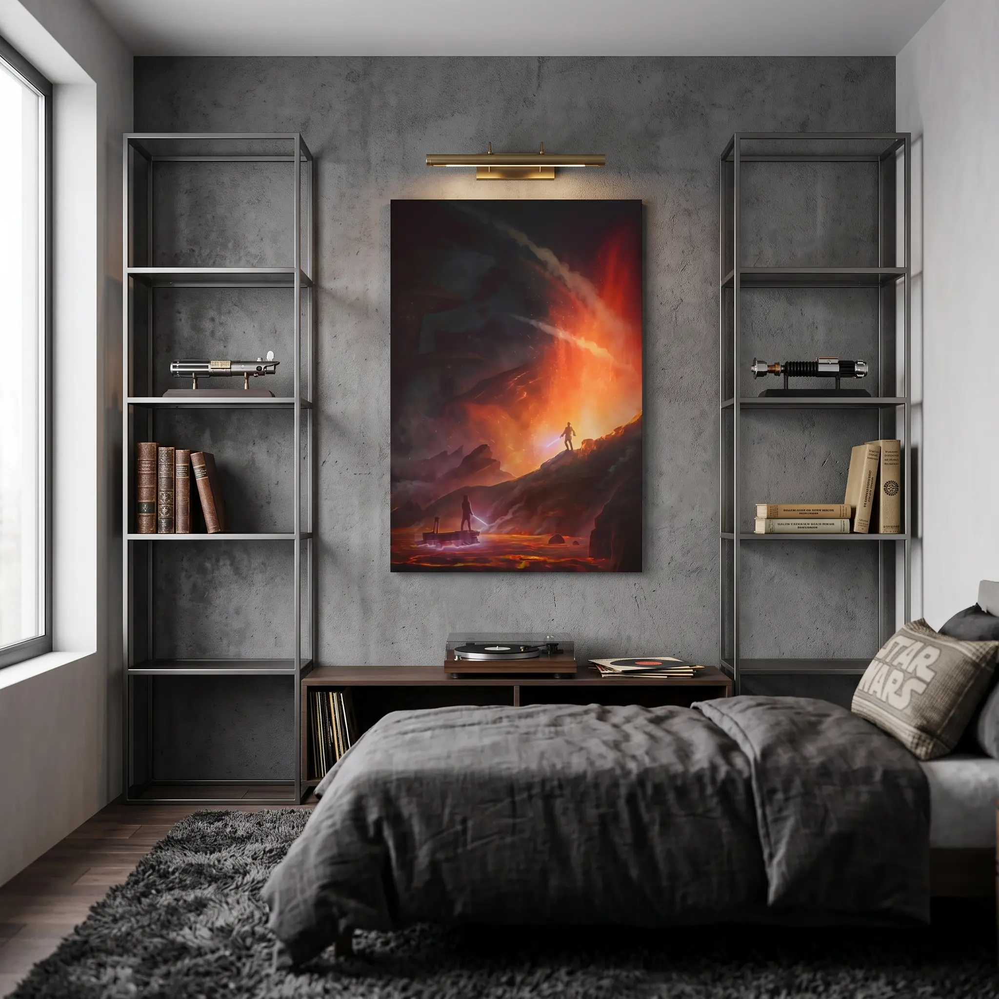 Modern Sci-Fi Movie "Obi-Wan VS Anakin" Canvas Painting - Unframed Laser Sword Wall Art Poster, Creative Cosmic Volcanic Battle Picture for Office Bedroom Man Cave