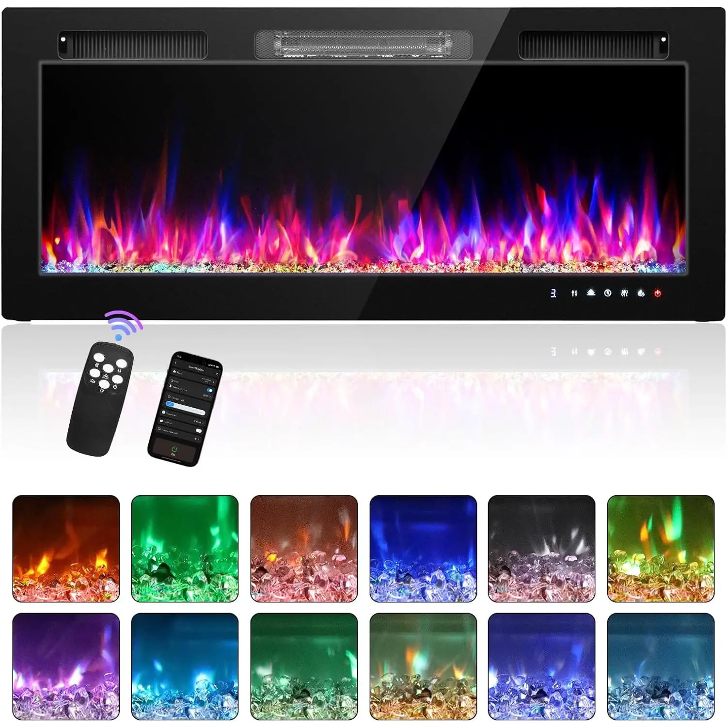 36/42 In Electric Fireplace Insert Home Appliance - 1500W 2-in-1 Recessed/Wall-Mounted Heater with 1500W Heating Element, Remote Control, 12 Flame Colors, 5 Brightness Levels, Adjustable Temp, Timer, Touch Screen, WiFi, Crystal Stones for Bedrooms